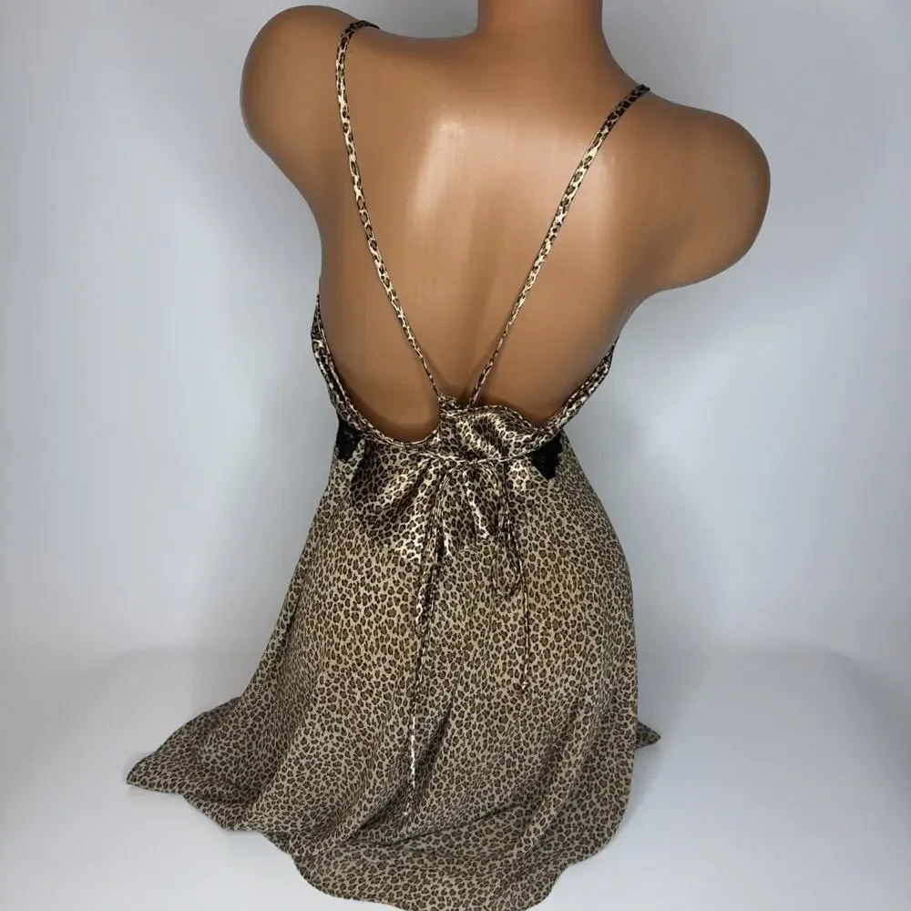 Vintage 80s Lingerie Slip Dress Womens M Leopard Print Lace Satin Coquette Fairy